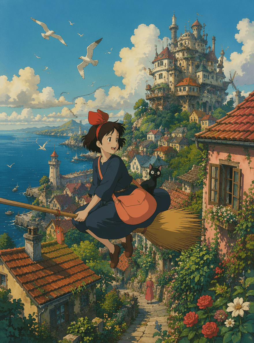 Studio Ghibli inspired anime art with lush landscapes and warm colors
