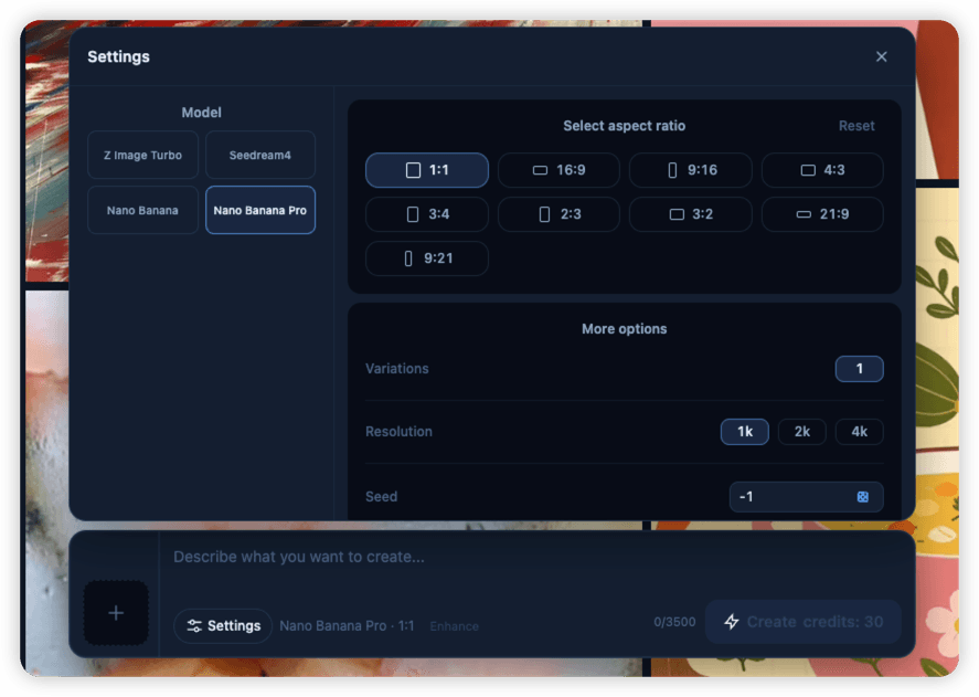 AI avatar generator settings panel for style and output options